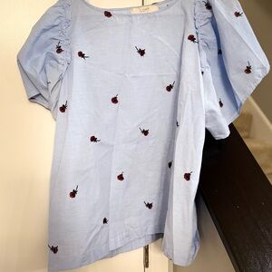 LOFT Light Blue Top with Red Floral Embroidery